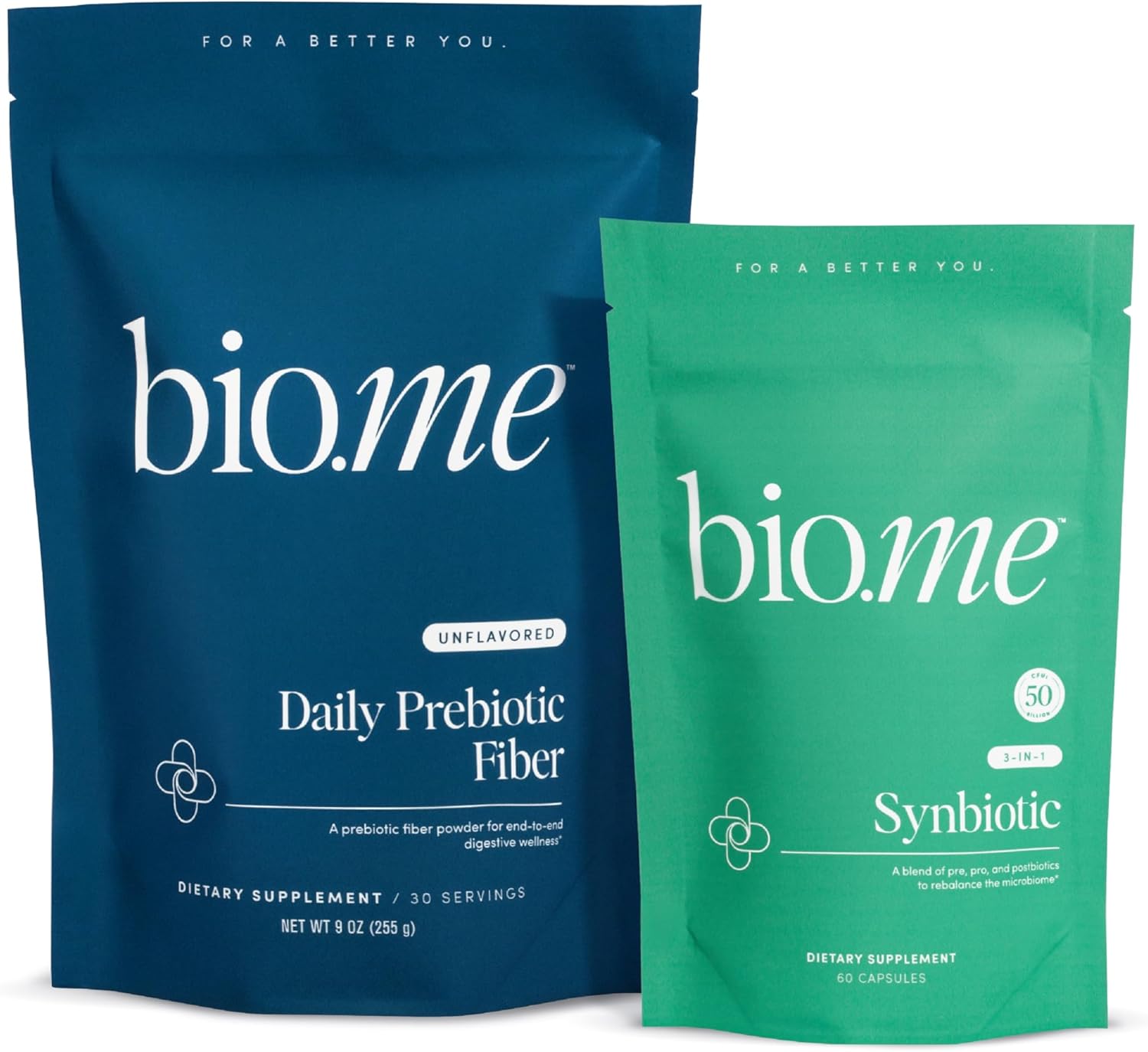 Bio.me Paquete diario de fibra prebiótica y sinbiótica  Fibra en polvo para salud digestiva e hinchazón  Pre, Pro, posbiótico para la salud