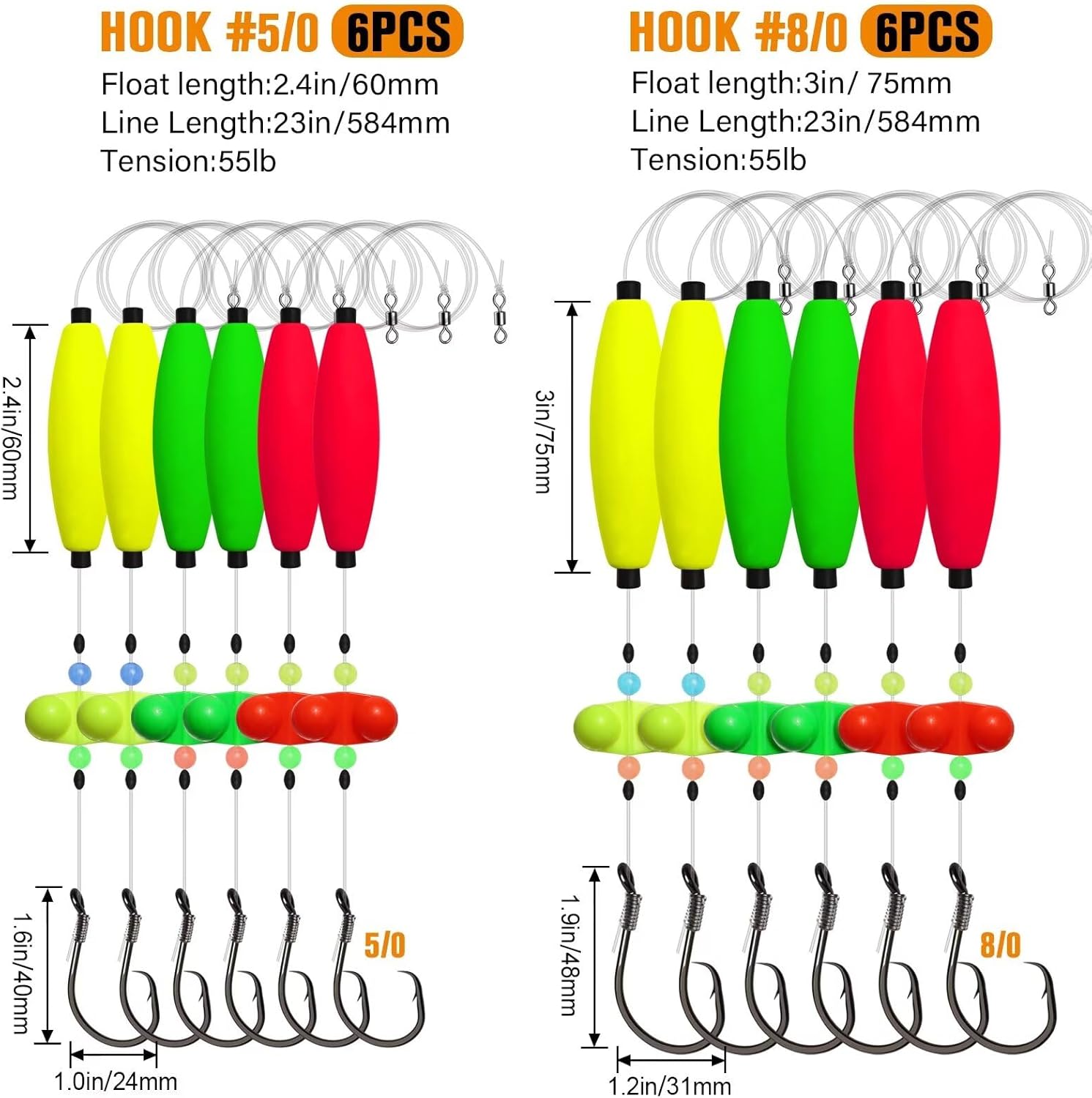 Dovesun Plataformas de pesca para bagre, 6 piezas de aparejos de pesca para gato, aparejo Santee Rig 50 60 70 80 ganchos circulares para flotadores