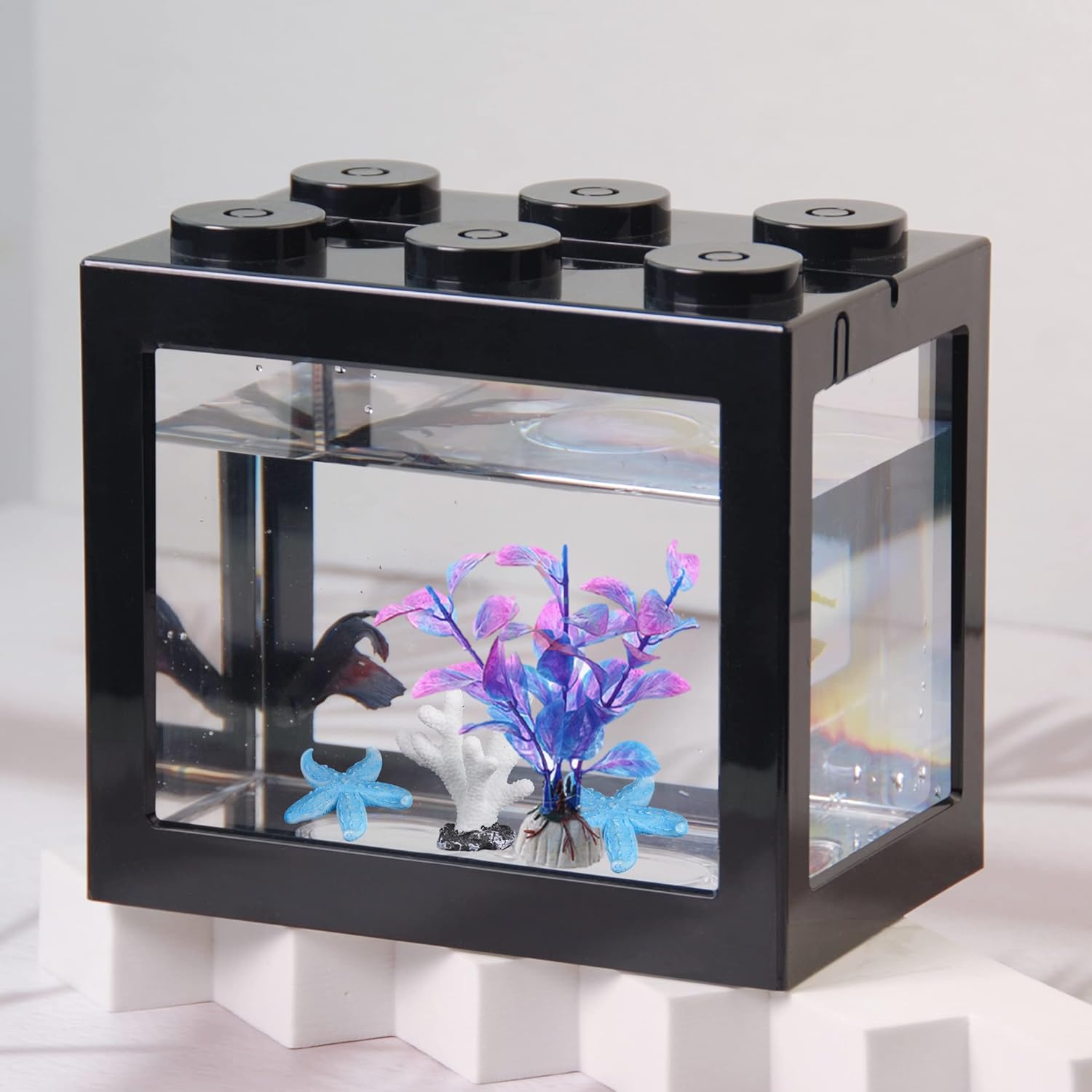 Pequeña pecera Betta, mini acuario apilable con decoración de estrellas de mar y coral, tanque de peces cubo para alimentar bolas de musgo de