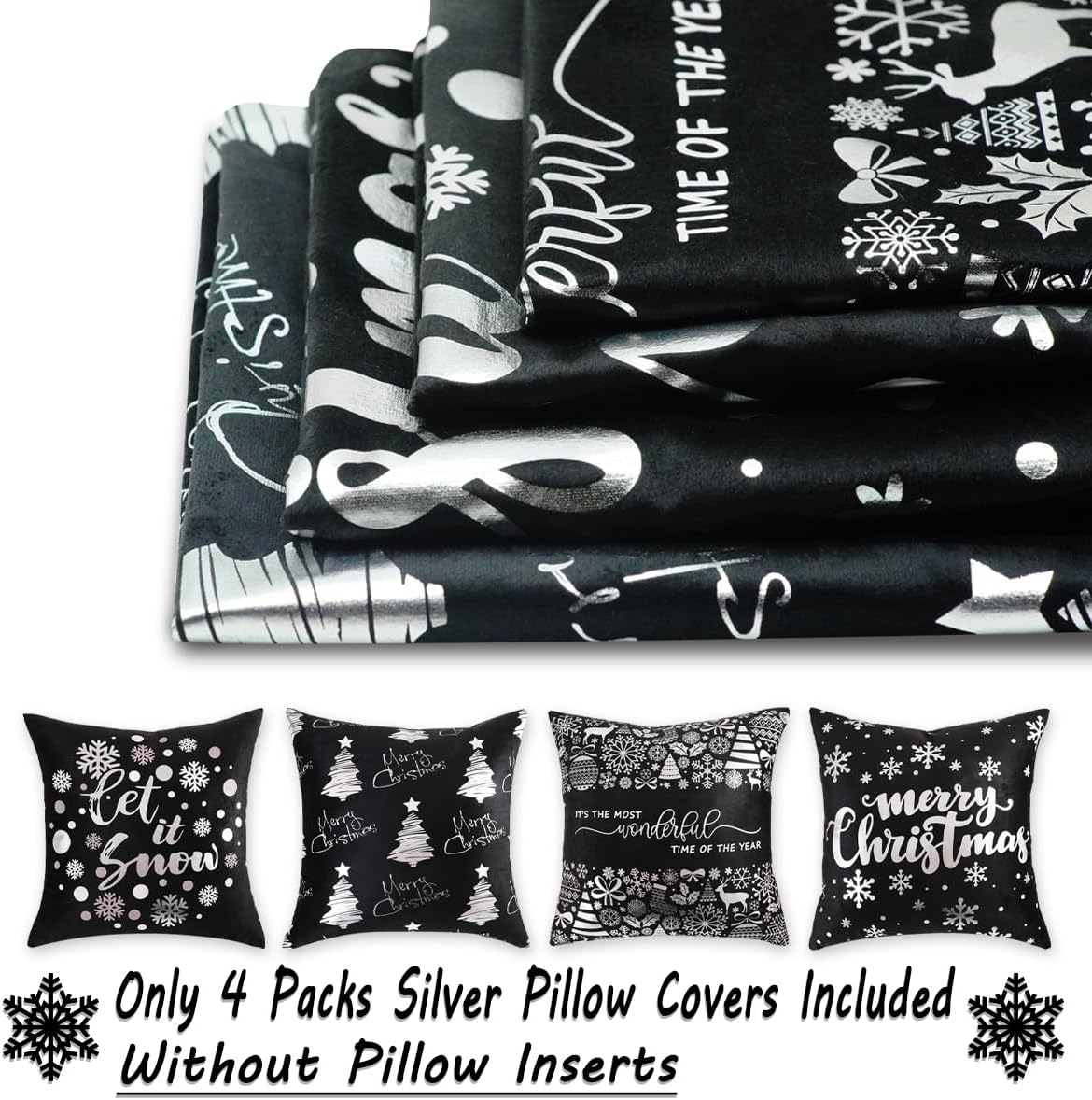 Juego de 4 fundas de almohada navideñas negras y plateadas de 18 x 18 pulgadas, decoración de Navidad plateadas y negras, almohadas decorativas de