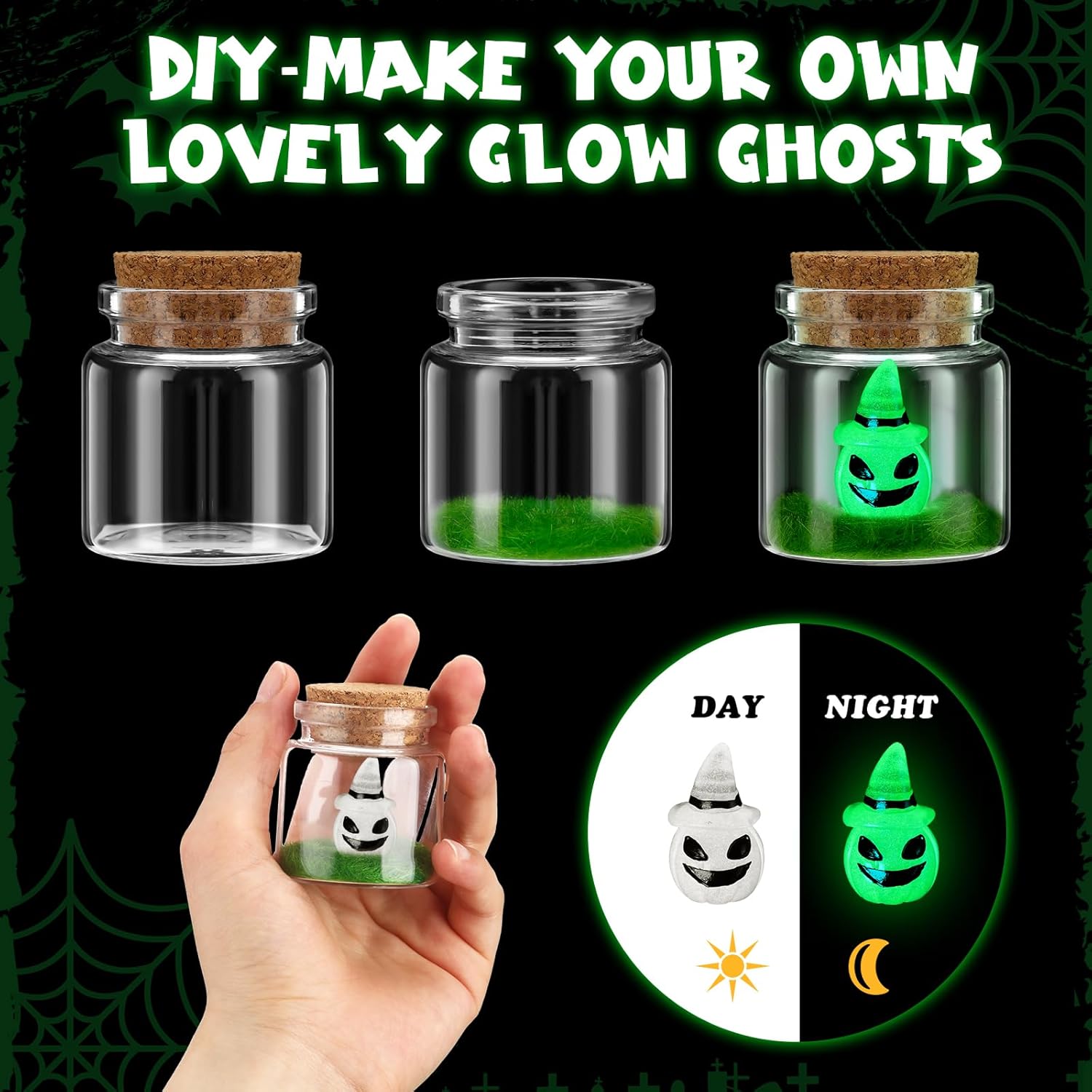 Poen 10 juegos de fantasmas de Halloween en un tarro de masón que brilla en la oscuridad, pequeño fantasma con botella miniatura de corcho con momia