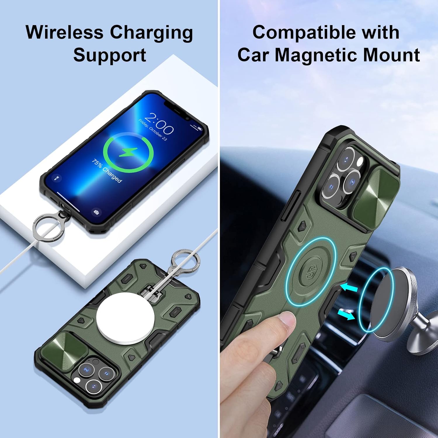 Nillkin Funda para iPhone 13 Pro Max con soporte, funda para cámara deslizante, de grado militar, a prueba de golpes, compatible con cargador