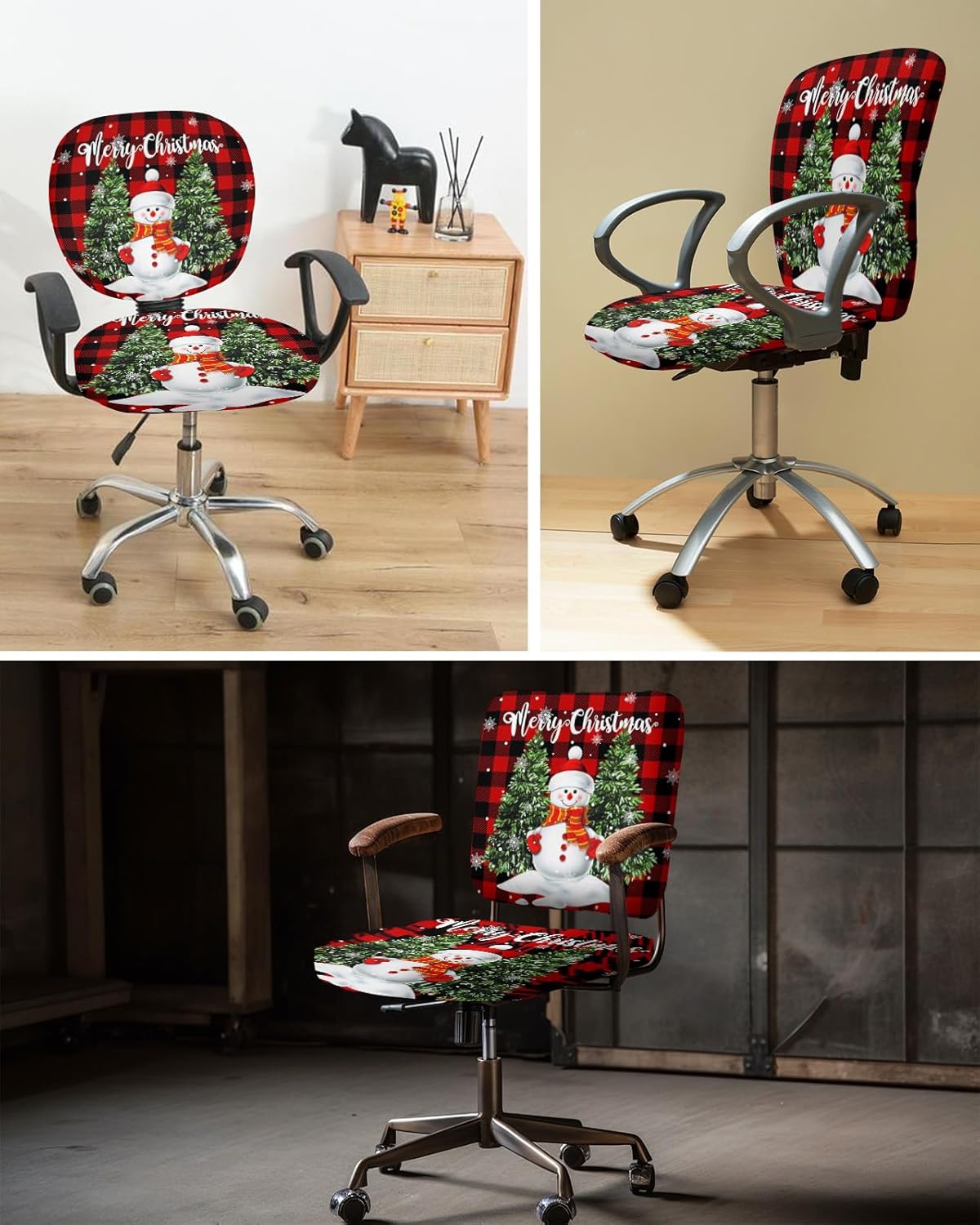 Funda para silla de oficina con diseño de muñeco de nieve de Navidad, muñeco de nieve lindo con árbol de Navidad, diseño de búfalo rojo y negro,