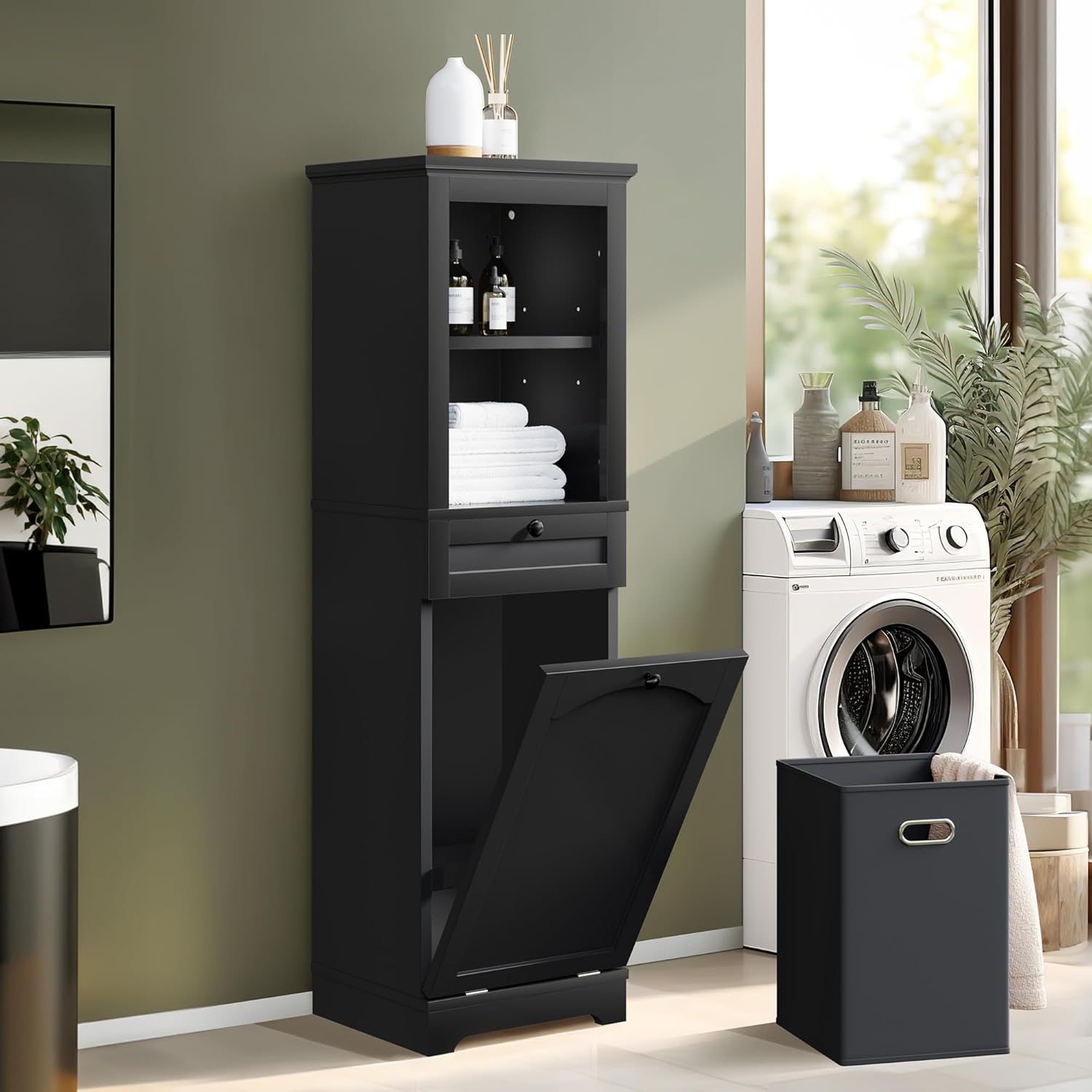 YITAHOME Cesto de ropa sucia de 53 pulgadas de alto con cesta de almacenamiento oculta con cajón para el baño, estante de almacenamiento con una