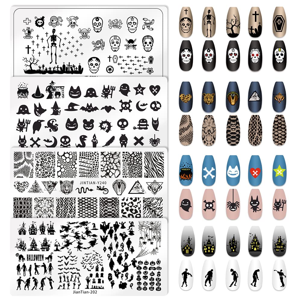 Juego de 4 placas de estampado de uñas de Halloween, plantillas de sellos de arte de uñas de calavera cruzada, kit de plantillas de sellos de