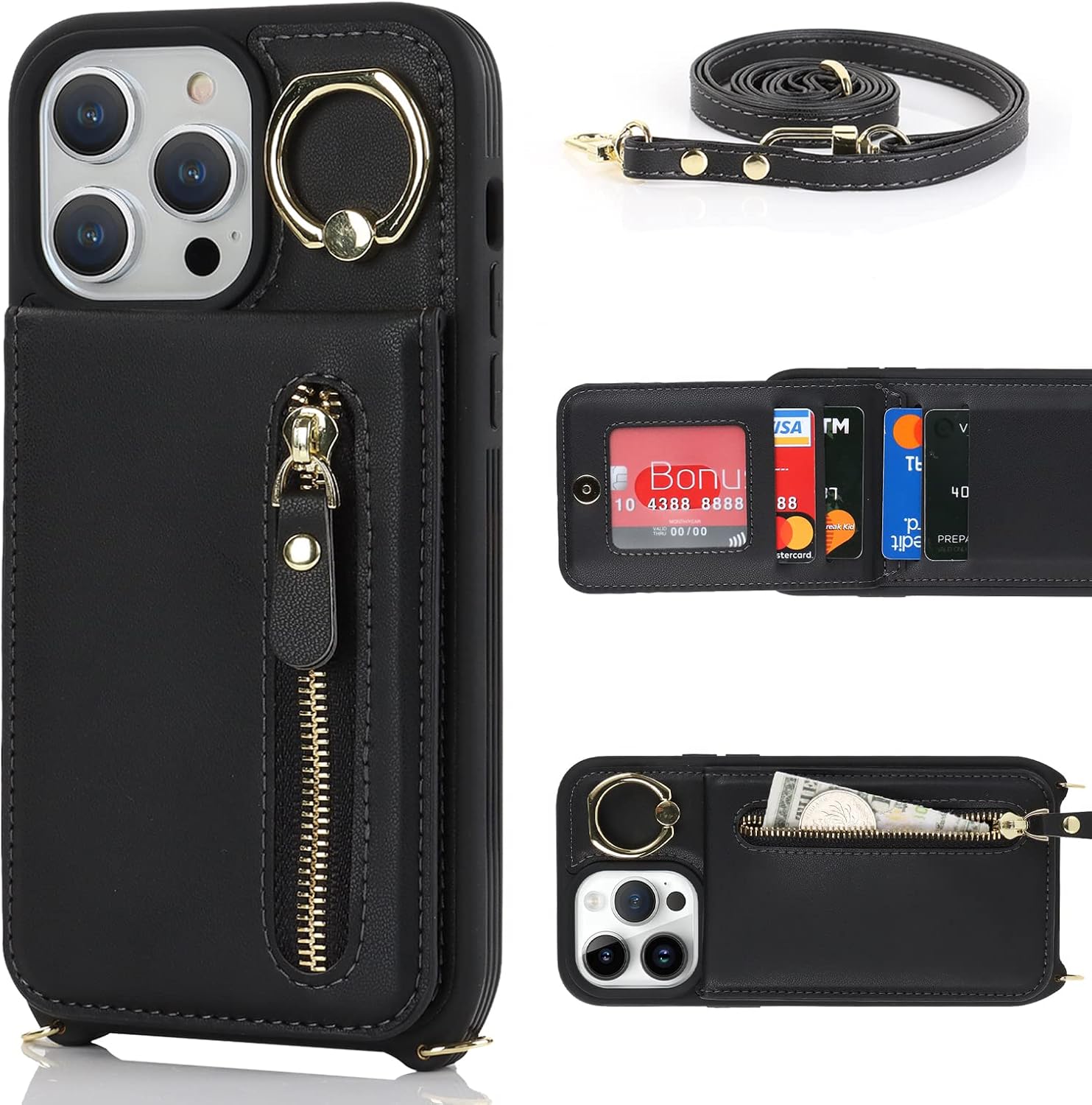 Funda para iPhone 13 Pro Max con correa, iPhone 13 Pro Max con tarjetero y ranuras para tarjetas de crédito Crossbody con función atril y cremallera