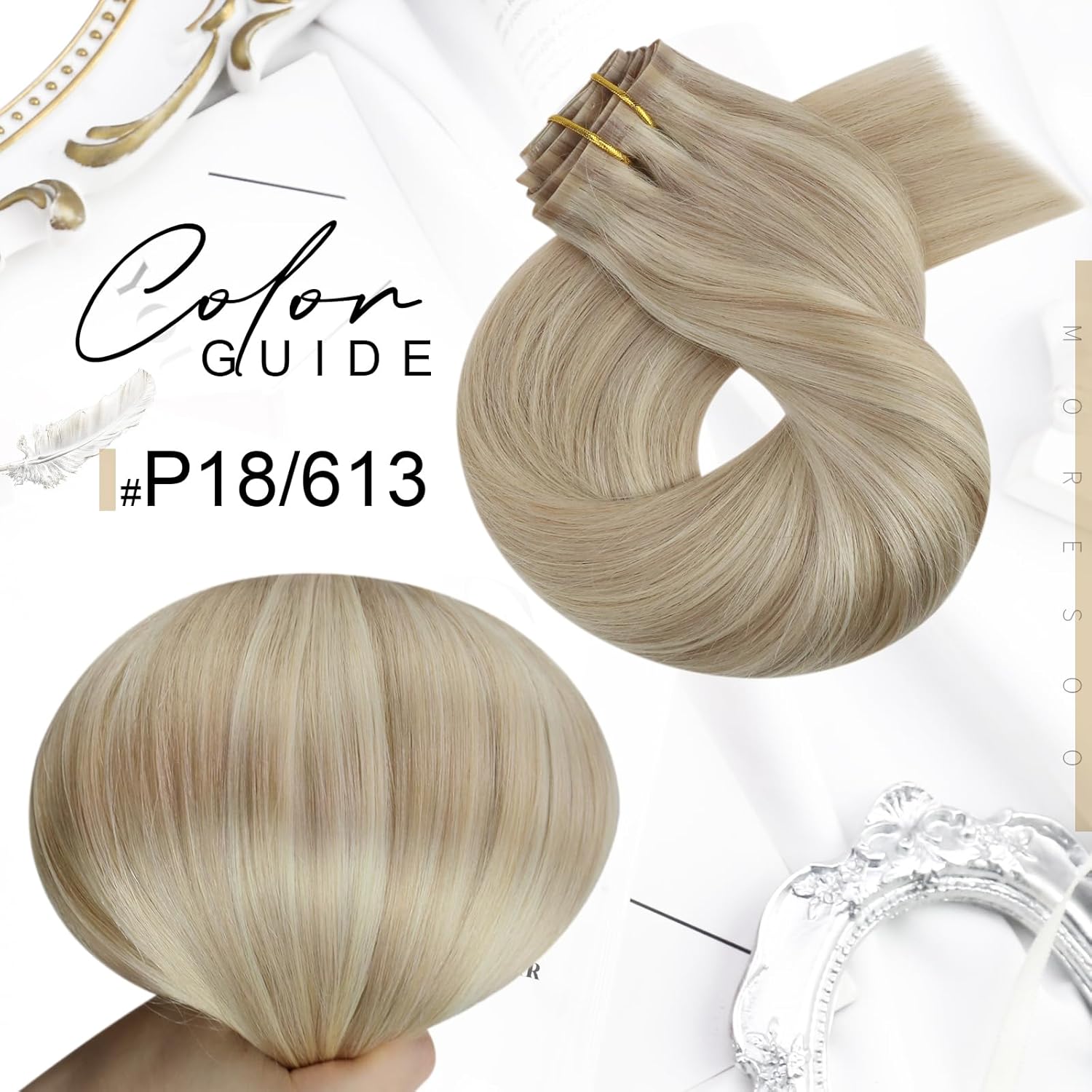 Moresoo Extensiones de cabello humano con clip, sin costuras, color rubio ceniza con reflejos rubios, extensiones de cabello humano real Remy con