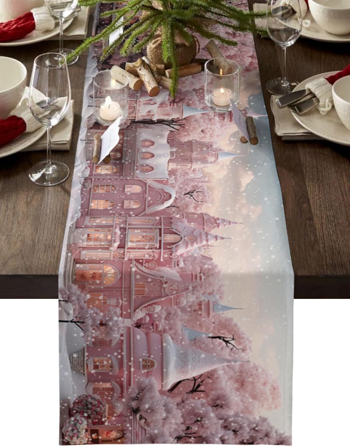 Camino de mesa navideño de algodón y lino de 48 pulgadas, castillo de Navidad rosa, copo de nieve, decoración de invierno de temporada, caminos de