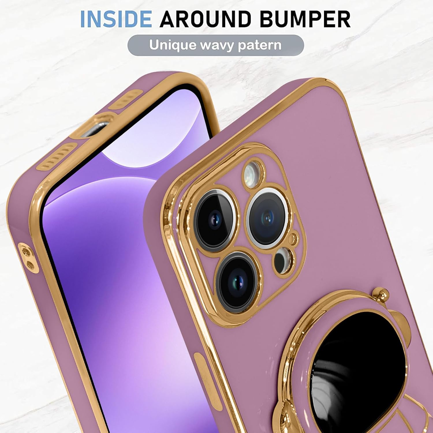 MZELQ Funda compatible con iPhone 15 Pro Max con diseño de astronauta chapado en función de atril y protector de pantalla para teléfono de lujo,