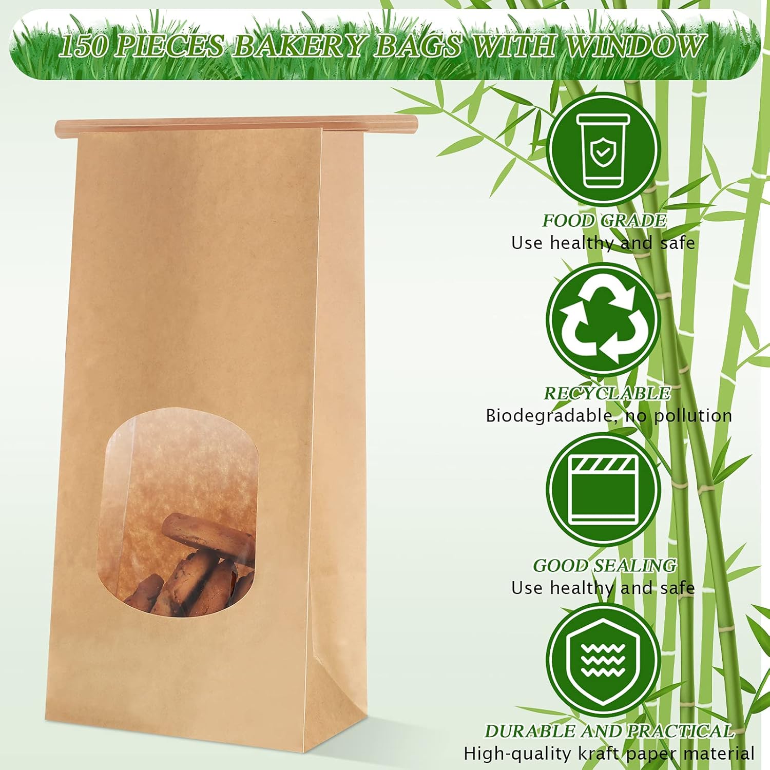 Glenmal 150 bolsas de panadería con ventana, bolsa de embalaje de papel kraft para golosinas, bloqueo de estaño, para galletas, pan, almacenamiento