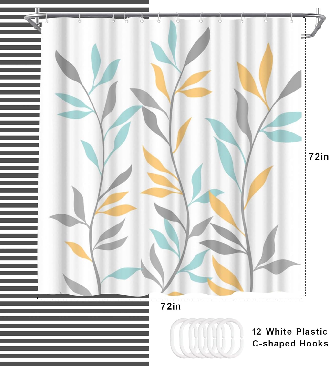 Welmeco Cortina de ducha amarilla con hojas botánicas, cortina de ducha amarilla para decoración de baño, tela de poliéster, 72 x 72 pulgadas