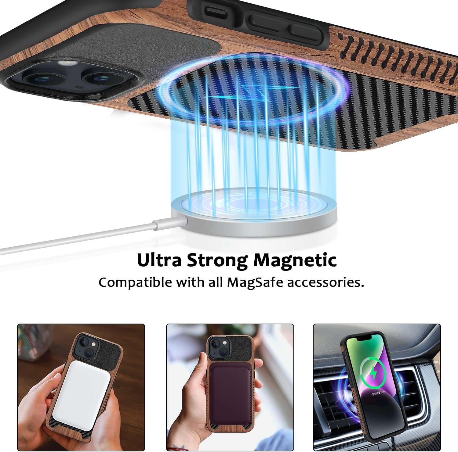 ZZDZZ Funda magnética compatible con iPhone 13 Mini compatible con MagSafe diseño de fibra de carbono de madera y cuero, funda híbrida a prueba de