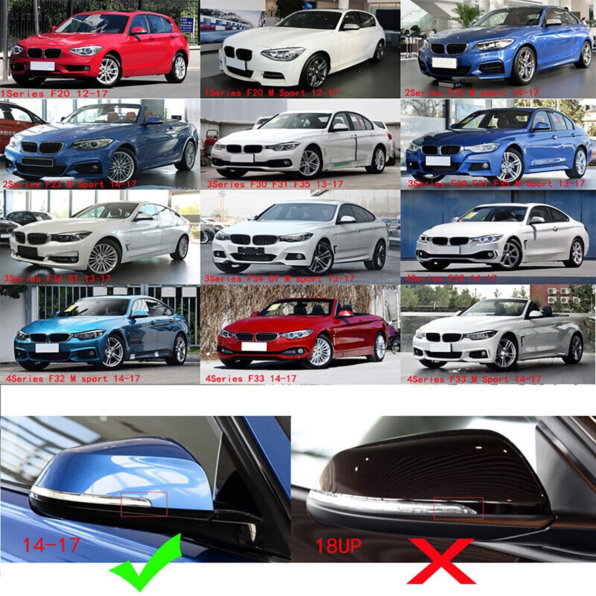 Cubiertas de espejo de puerta, tapas de repuesto para espejo retrovisor compatible con BMW F20 F22 F23 F30 F31 F32 F33 F36 F87 M2 X1 E84 (aspecto de