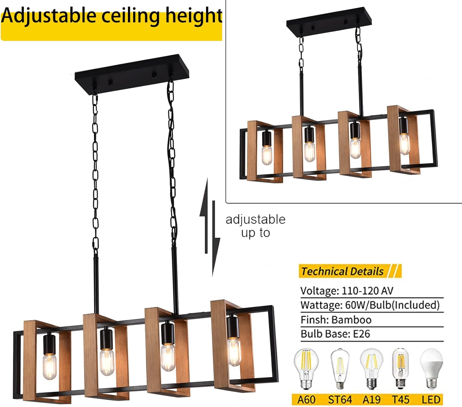 Lámpara de araña de 33 pulgadas para isla de cocina, lámpara rústica de 4 luces, lámpara colgante industrial moderna negra para mesa de comedor y