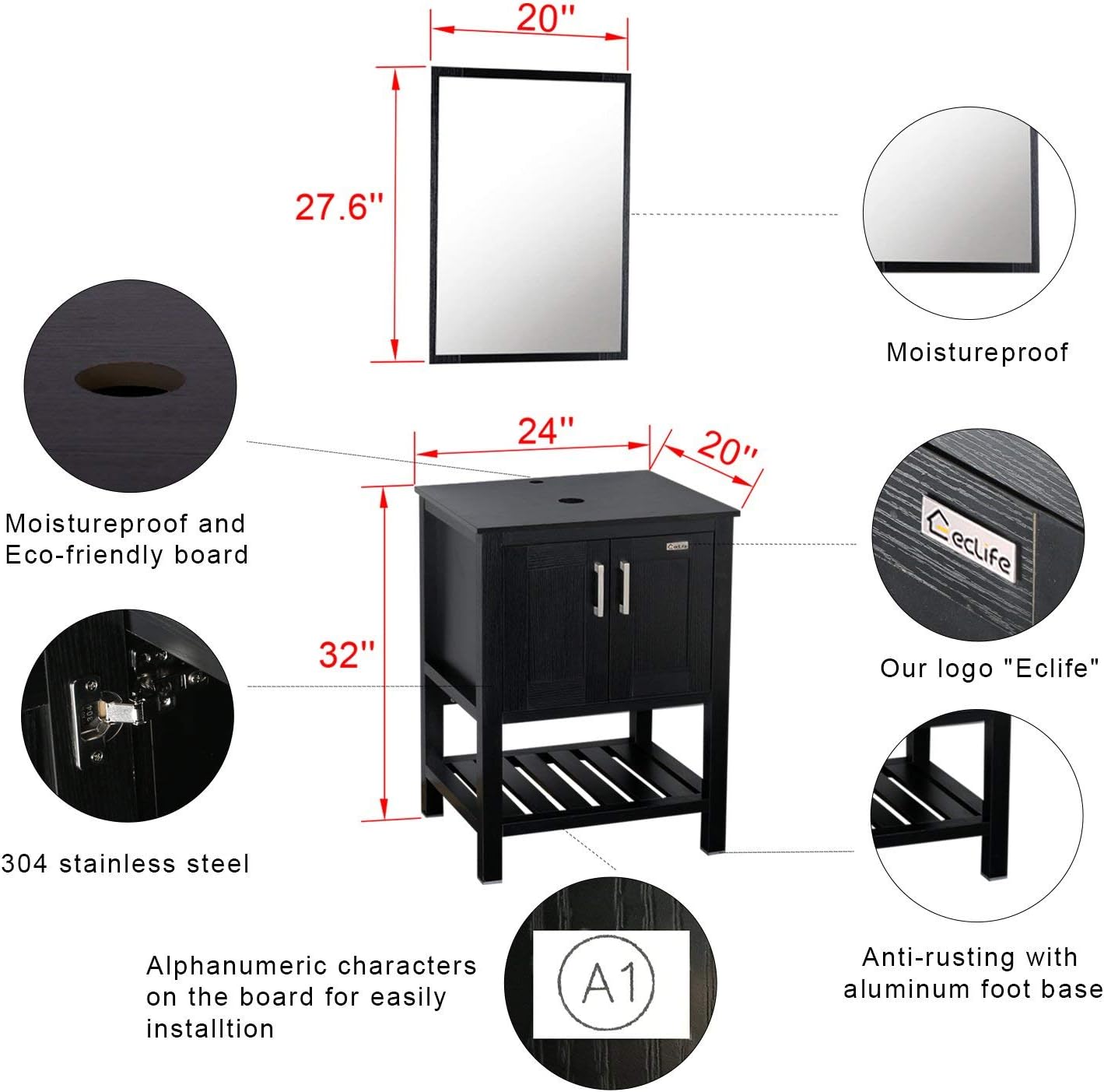 eclife 36-A29B B06 – Lavabo de baño de 36 pulgadas, color negro, con gabinete lateral, vidrio templado azul, grifo de ahorro de agua de 1.5 GPM y