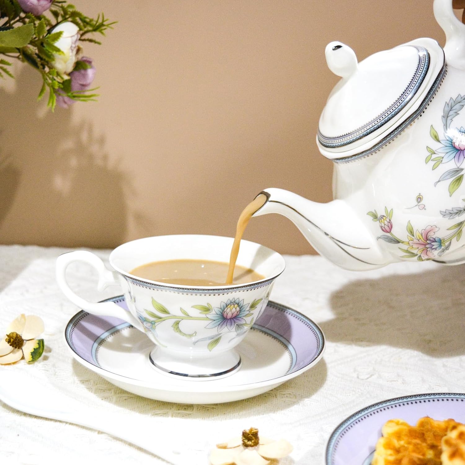 Juego de té de porcelana de hueso, juego de té de porcelana de 21 piezas para adultos, tazas de té y platillos para 6, con tetera, cucharas,