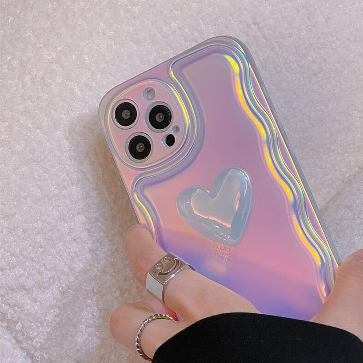 Changjia Funda para iPhone 14 Pro Max para mujer, bonita funda holográfica 3D con diseño de corazón y corazón, brillante, marco de onda de luz a