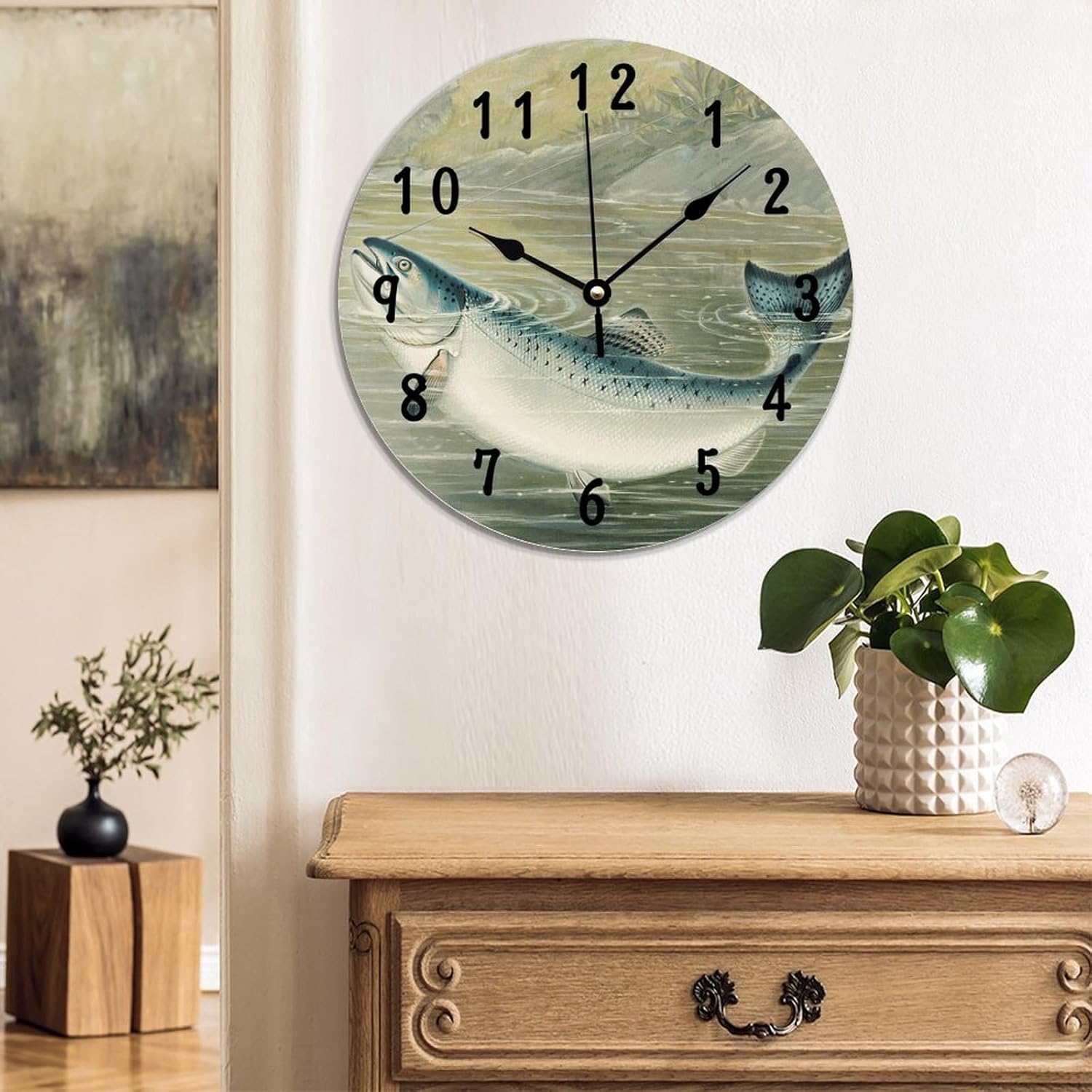 ArogGeld Reloj de madera con diseño de pez y trucha arco iris, regalo para amantes de la pesca, reloj de pared colgante con pilas, reloj de madera