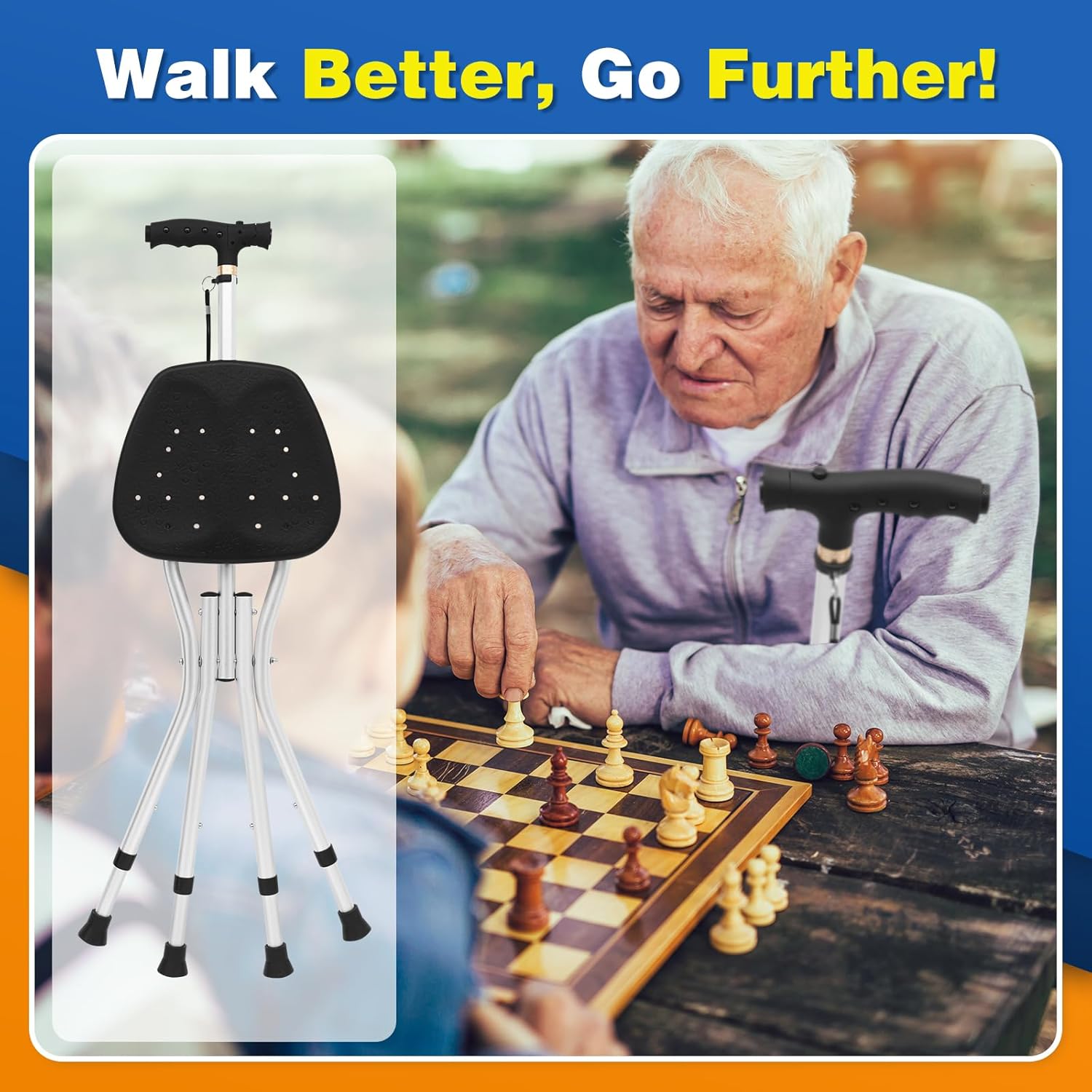 BigAlex Bastón para caminar con asiento, asiento ligero con LED para personas mayores, silla plegable ajustable para mujeres con 4 patas