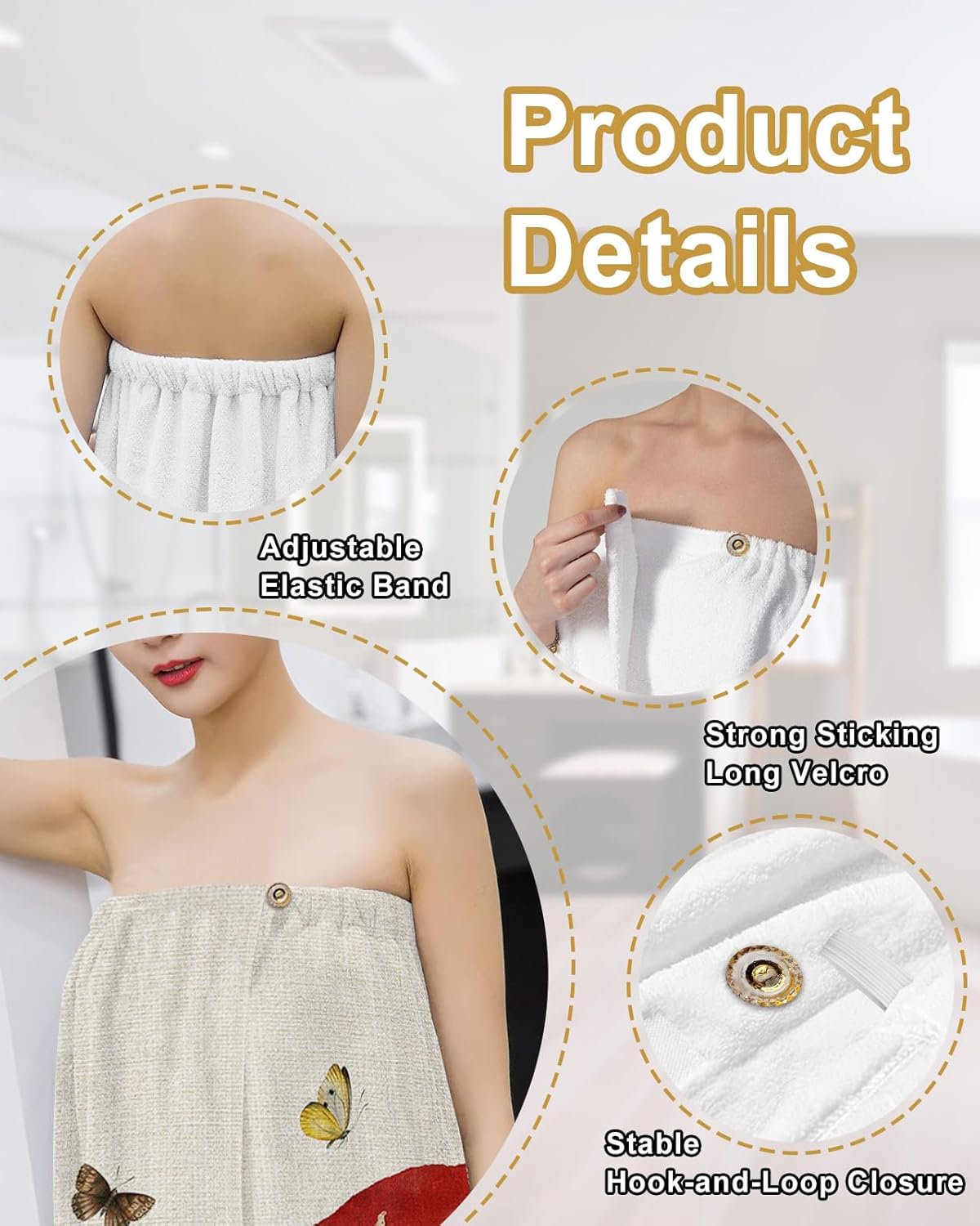 Bata de ducha para mujer, toalla para el cuerpo, toalla de spa, gnomos de hongos rojos, suave y absorbente, con cierre a presión ajustable, diseño