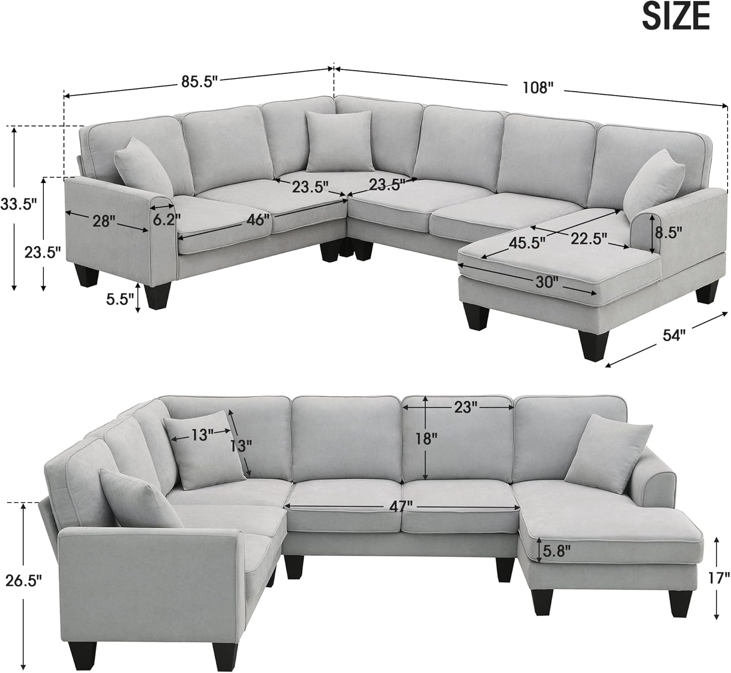 Sofá modular modular en forma de U de 7 asientos para sala de estar, apartamento, oficina con 3 almohadas, 108 pulgadas, gris claro