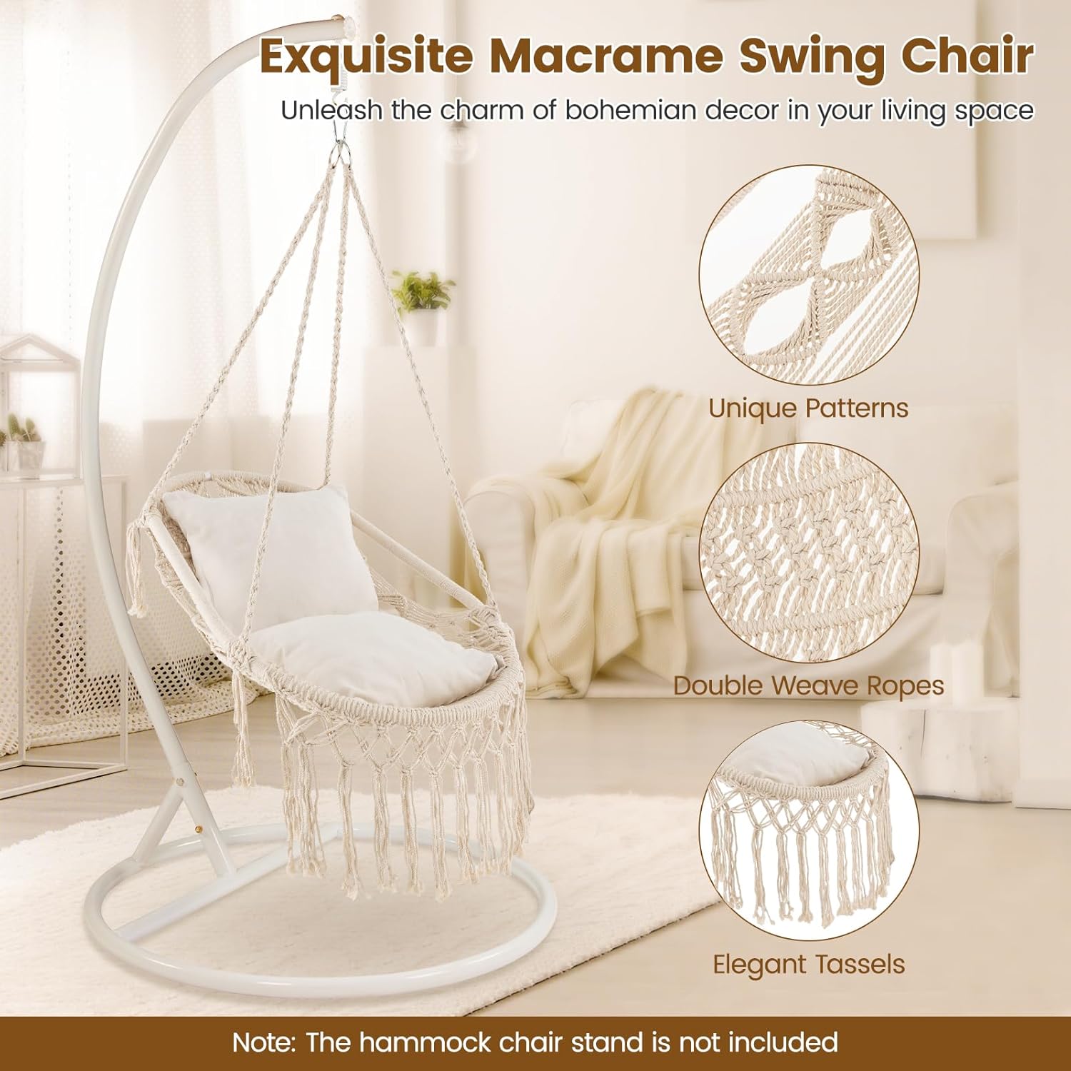 Tangkula Silla hamaca colgante, hamaca de estilo bohemio con 2 cojines suaves, borlas, accesorios de montaje, silla colgante de cuerda de algodón