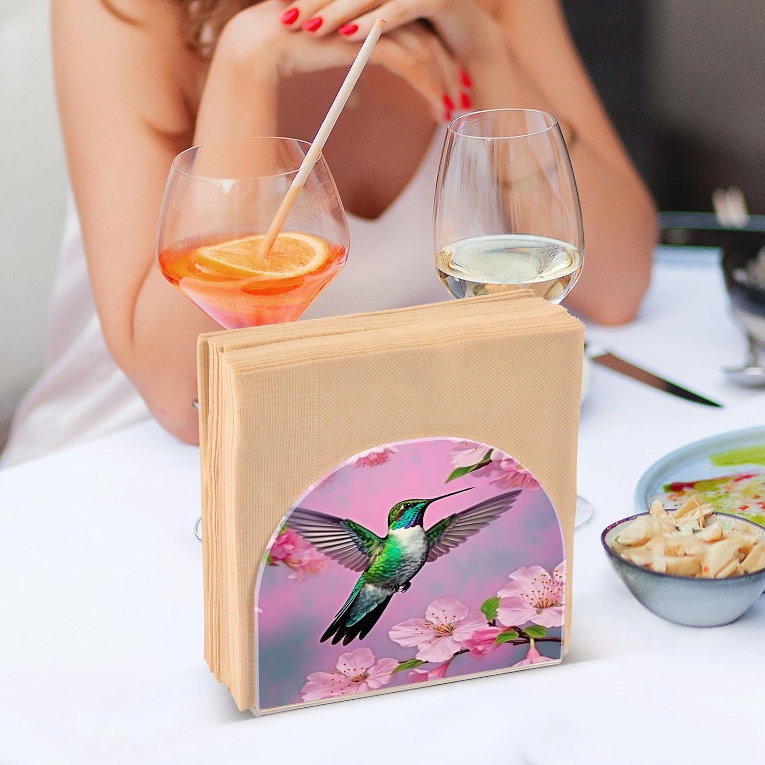 Servilleteros de colibrí y flor de cerezo para mesas, servilleteros de acrílico transparente, servilleteros de cóctel para cocina, restaurante, bar,