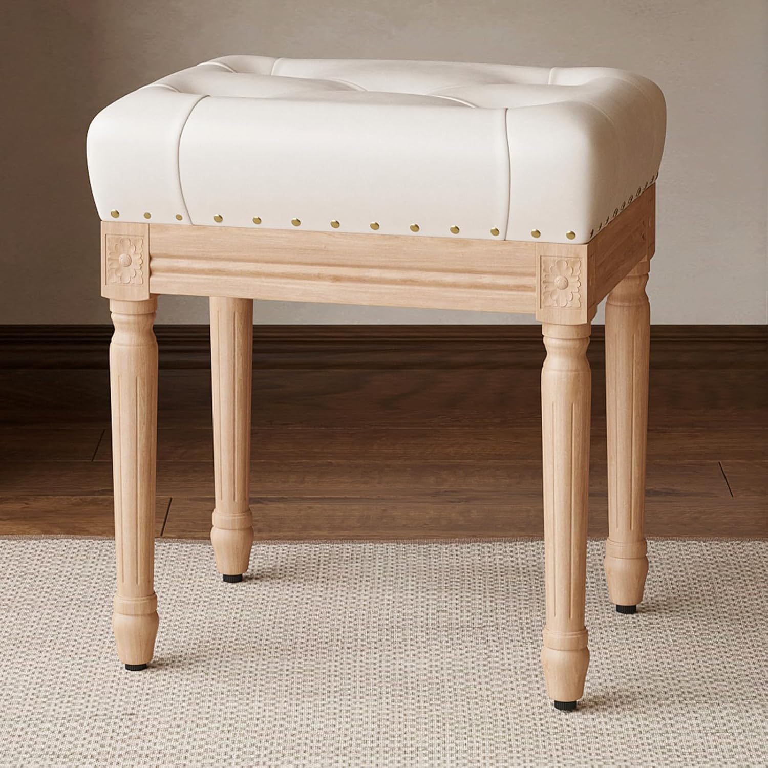 Taburete otomano de 19 pulgadas para dormitorio, silla de tocador copetuda para sala de maquillaje, taburete otomano de piel sintética con marco de