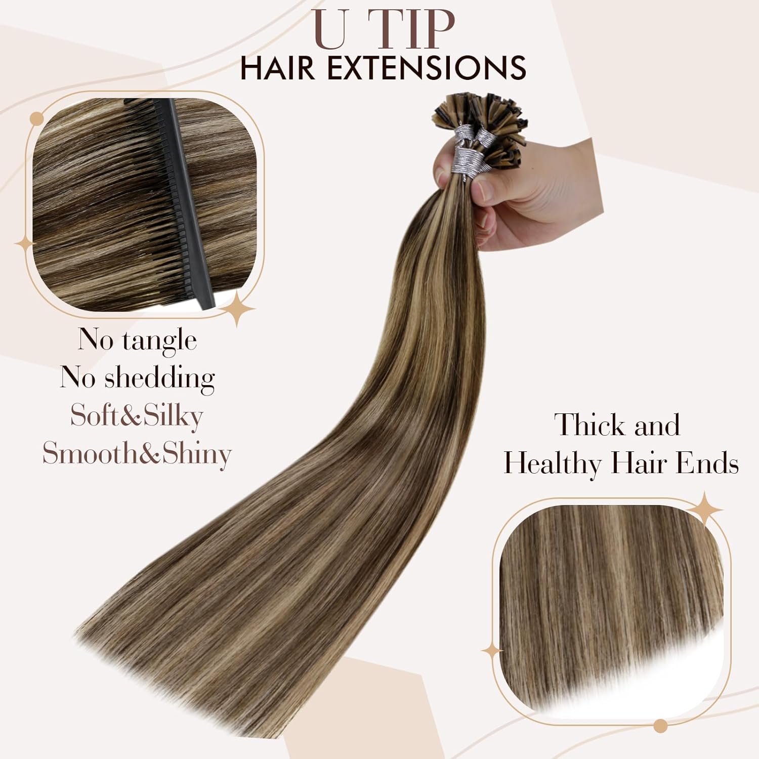 Hetto Extensiones de cabello humano con queratina en U Tip #427, color castaño con reflejos rubio miel, extensiones de cabello humano con punta en