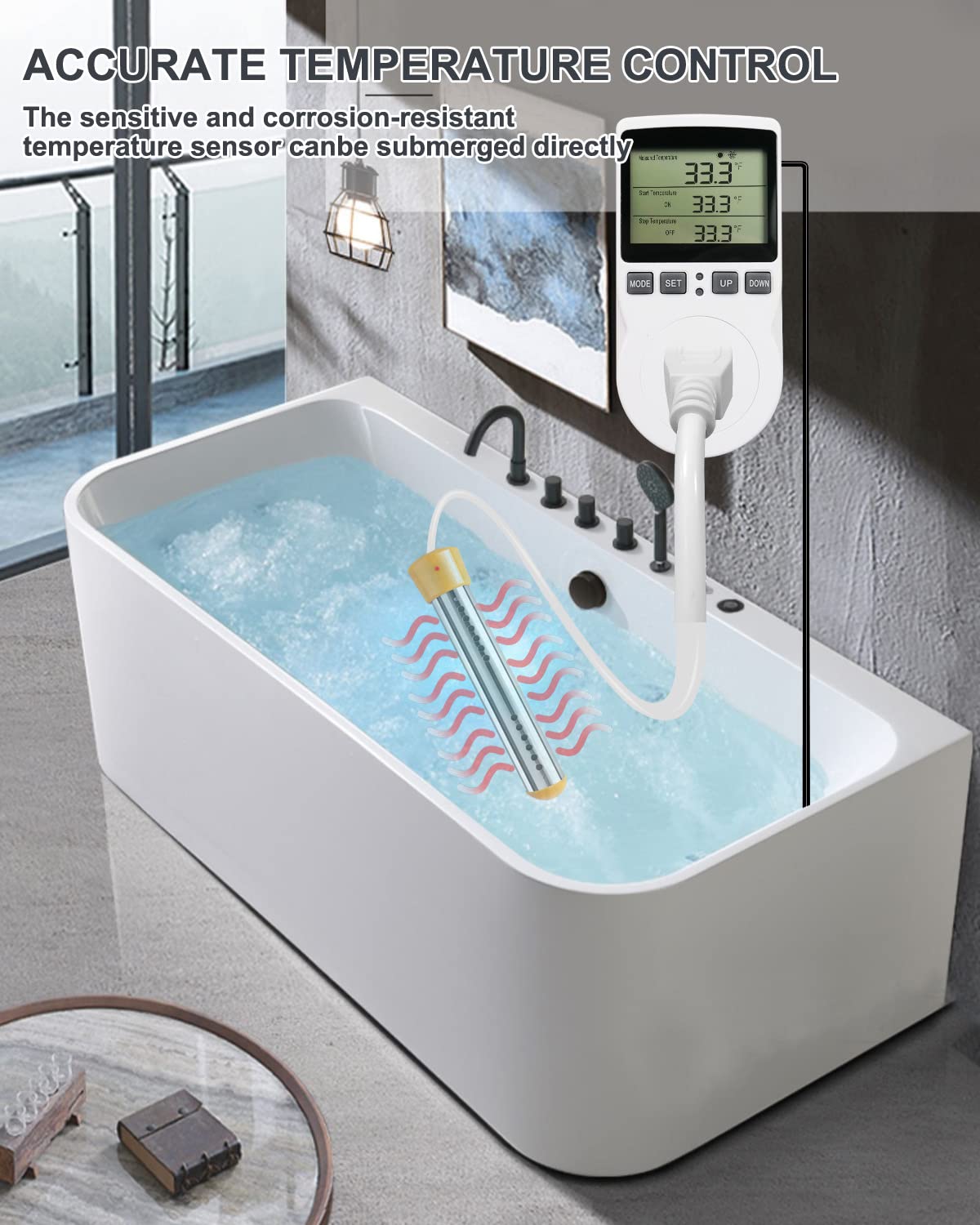 Calentador de agua de inmersión de 1500 W, calentador de agua sumergible eléctrico con controlador de temperatura de termostato y protector de acero