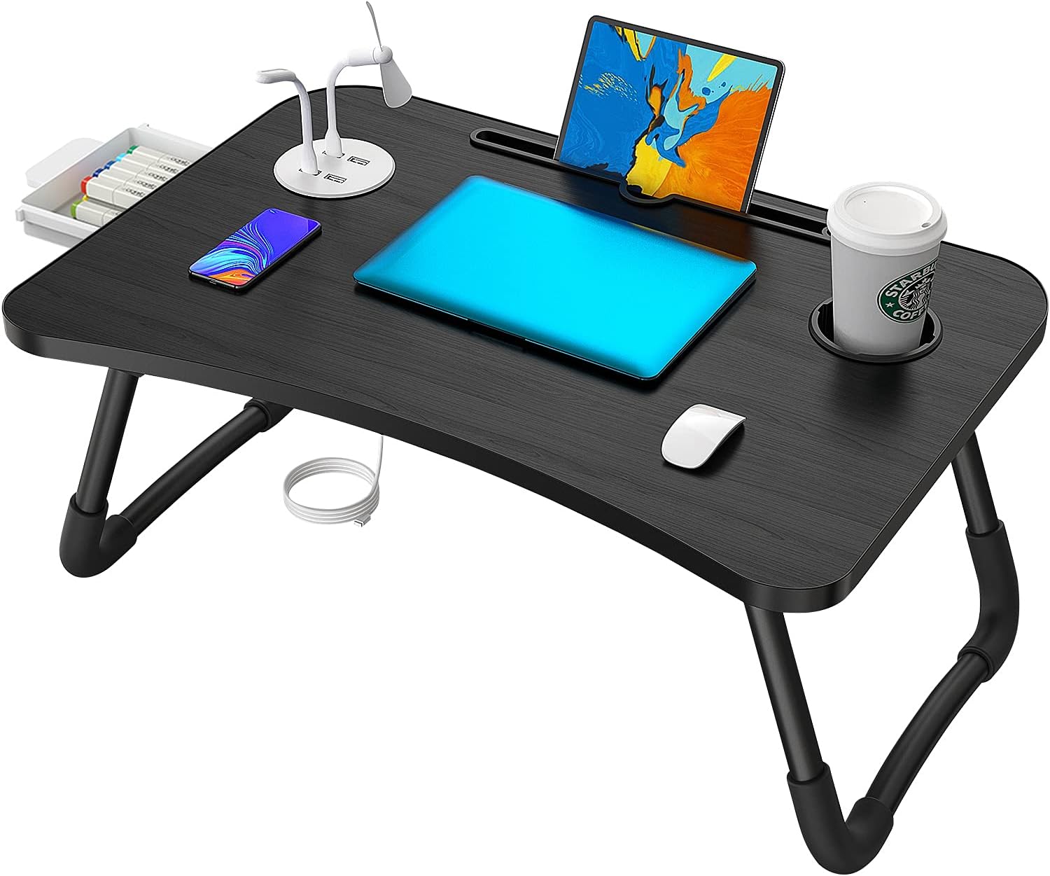 Elekin Escritorio plegable para laptop, escritorio portátil para laptop, mesa de trabajo, mesa de trabajo, bandeja de cama con 4 puertos USBsoporte