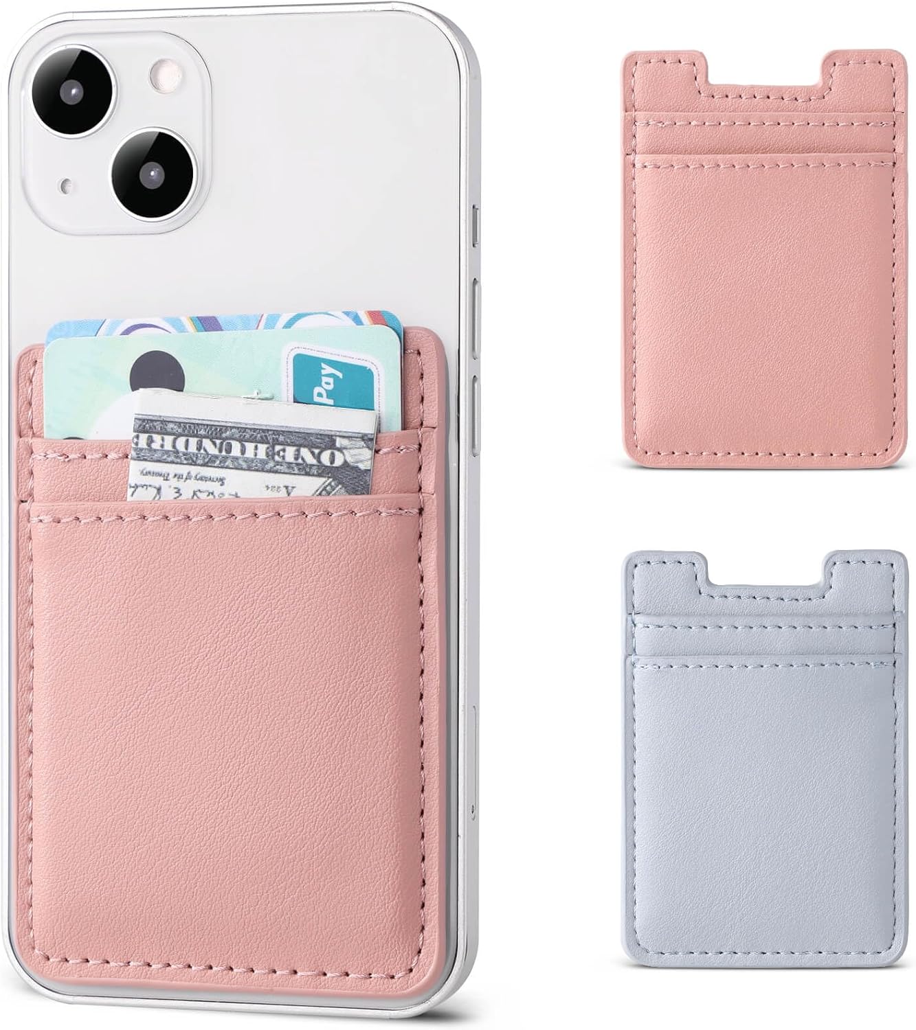 Cartera para teléfono adhesiva, paquete de 2 tarjeteros para la parte posterior de la funda del teléfono, soporte de cuero para tarjetas de crédito