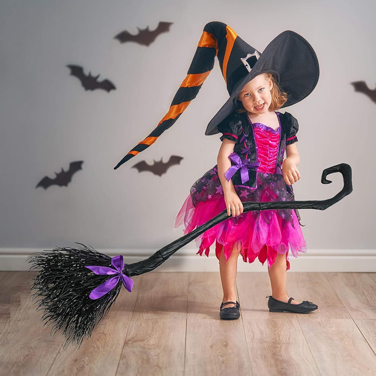 Escoba de bruja de Halloween para niños y adultos, escoba de bruja realista de paja para cosplay, escoba voladora de mago (negro, con 3 cintas de