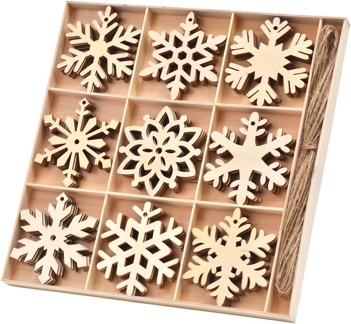 IDATOO Adornos de copo de nieve, 54 piezas de recortes de copos de nieve de madera sin terminar para decoraciones de Navidad, decoración de Navidad