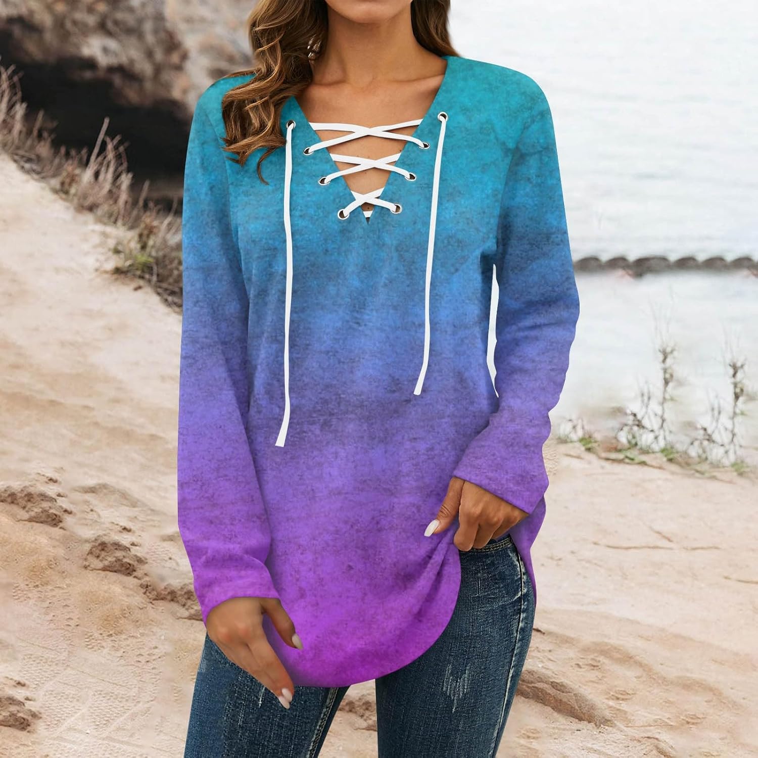 GOFULY Blusas de manga larga para mujer, color sólido, con tirantes, ajuste holgado, cuello en V, manga larga, sudadera de invierno
