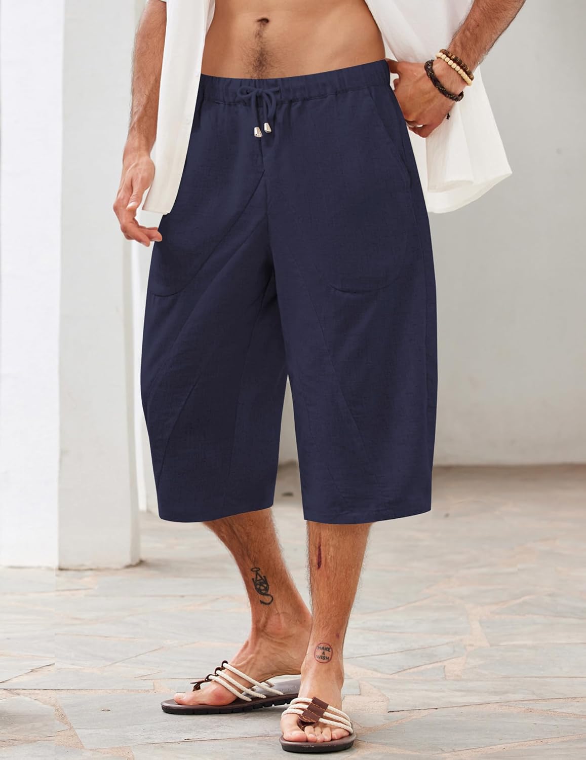 COOFANDY Pantalones capri harén de lino para hombre, casuales, ligeros, con cordón, pantalones de yoga, holgados, 34, pantalones de playa