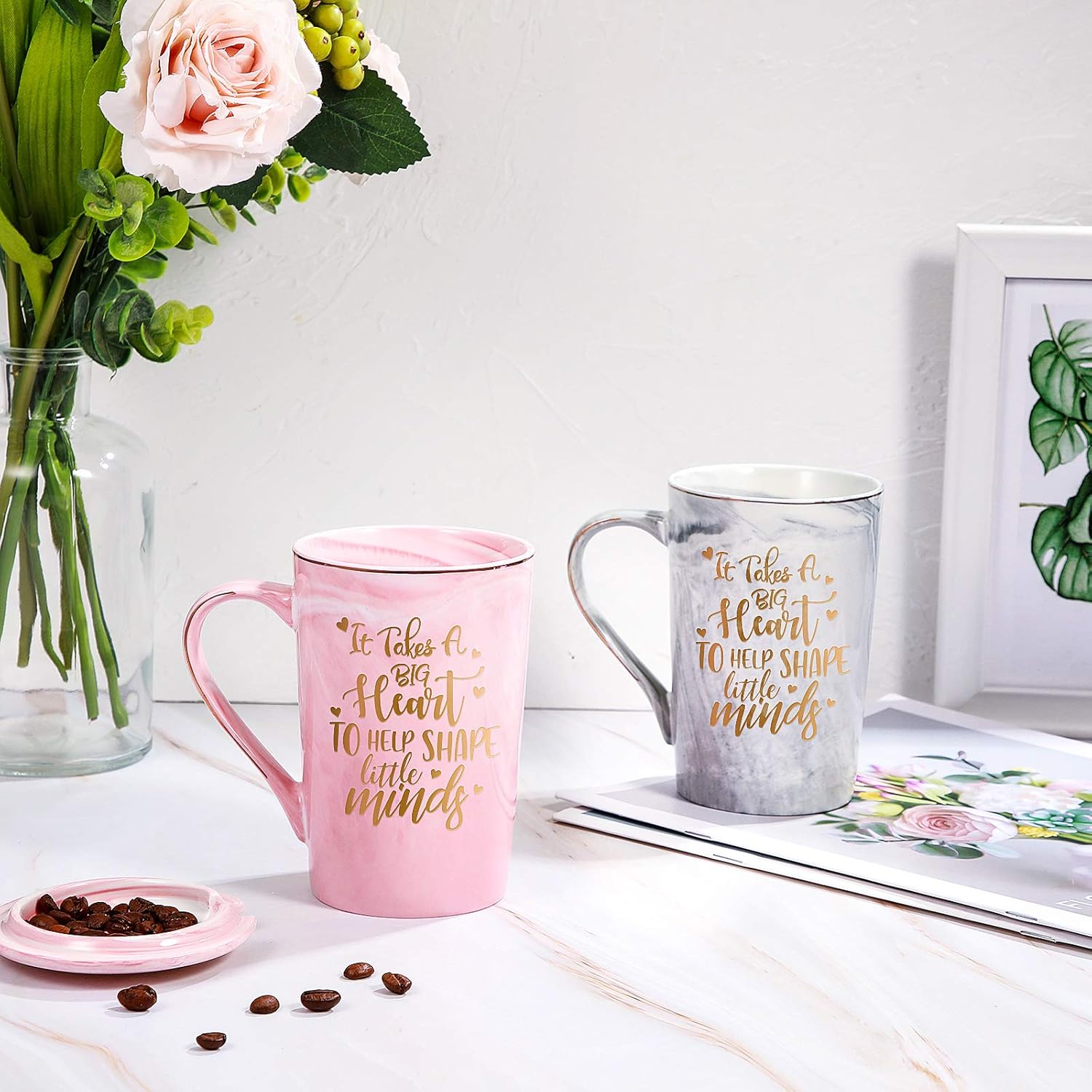 Geiserailie 2 piezas de regalos de agradecimiento para profesores para mujeres, tazas de café de cerámica de mármol de 14 onzas con tapa, caja de