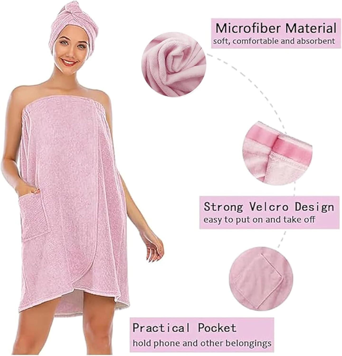Toalla rosa de talla grande para mujer después de la ducha 2X3X, toalla de microfibra absorbente con velcro para spa, baño, playa con envoltura para