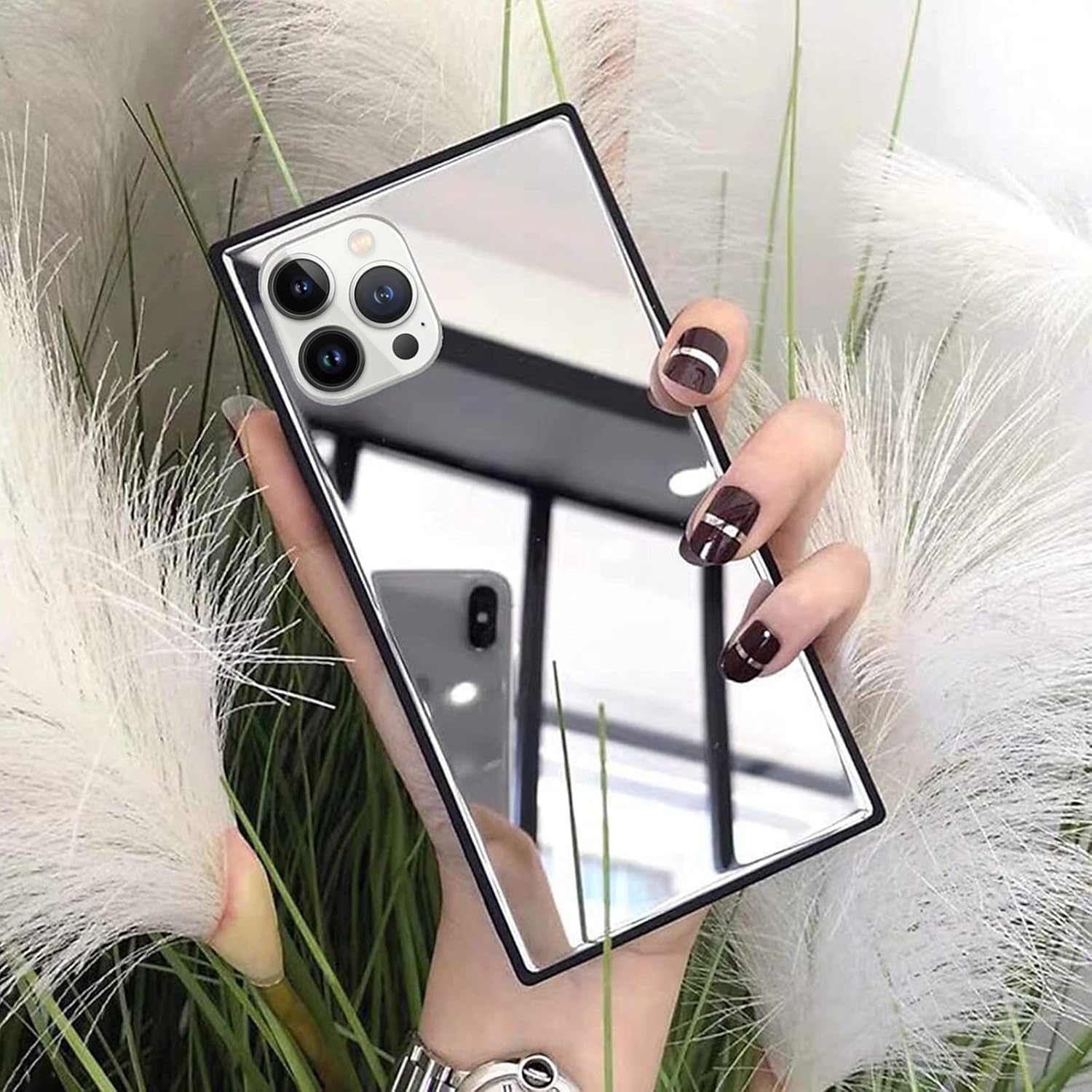 aowner Funda cuadrada para iPhone 15 Pro Mirror Case para mujeres y niñas, maquillaje lindo cristal brillante espejo trasero a prueba de golpes de