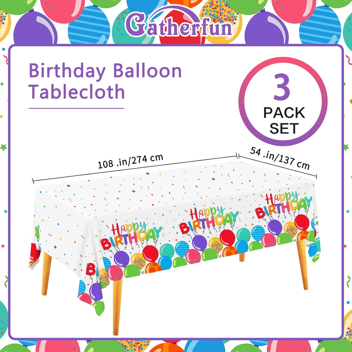 Gatherfun Mantel desechable de cumpleaños, funda de mesa de plástico para fiesta de cumpleaños de niños, 54 x 108 pulgadas, 3 unidades
