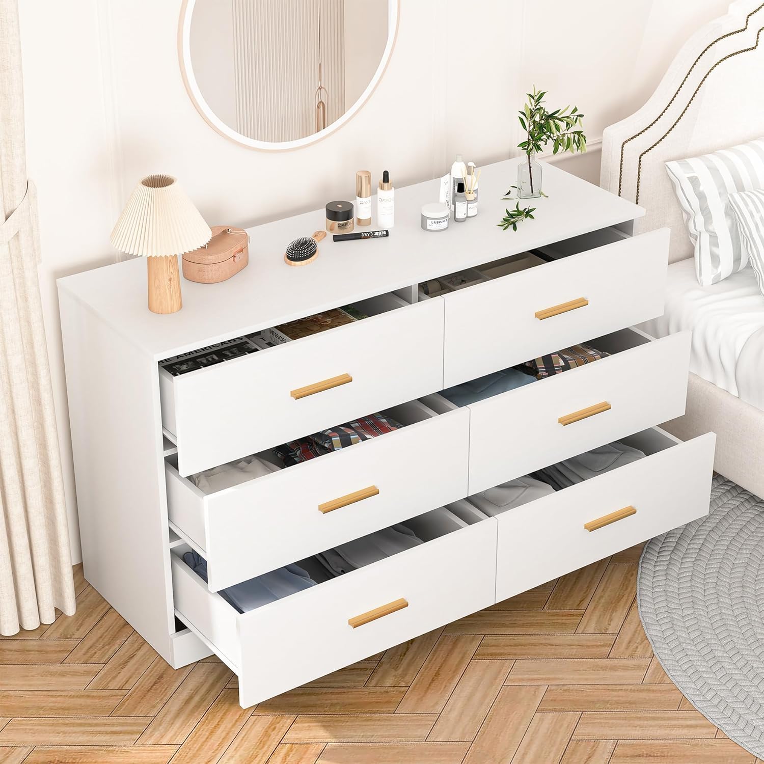 Spaco Cómoda blanca para dormitorio, cómoda de 6 cajones con mango dorado, cómoda de almacenamiento de madera moderna para dormitorio, sala de estar