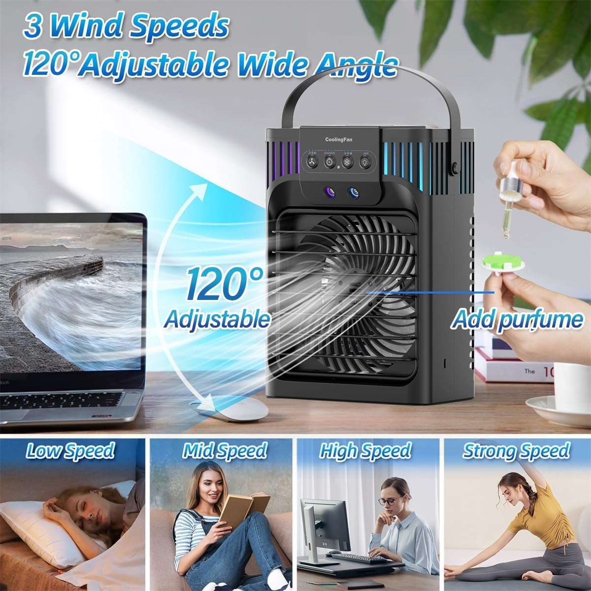 Aire acondicionado portátil, ventilador de refrigeración de 40.6 fl oz con control remoto, 3 velocidades de viento y 7 luces LED, 3 niebla fría y