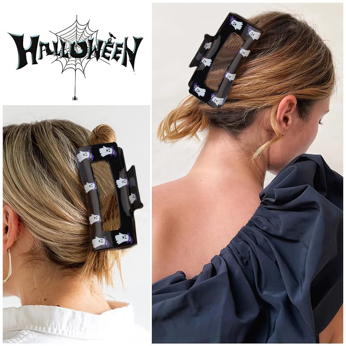 Pinzas para el cabello de Halloween, divertidas pinzas de garra de fantasma, pinzas de tiburón ahuecadas grandes y cuadradas para cabello grueso y