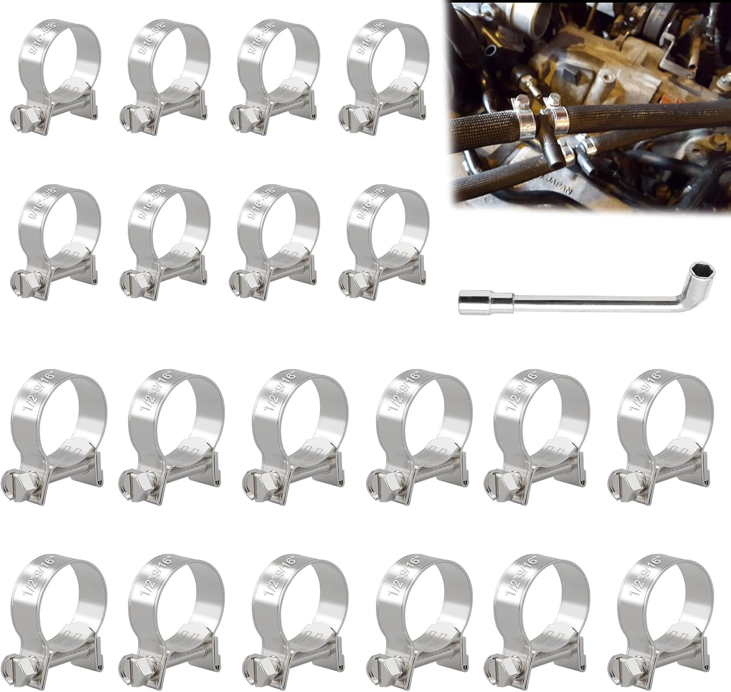 Tnisesm 30 abrazaderas de manguera de inyección de combustible de 916″-58″ y 12″-916″ ajustables de acero inoxidable 304, kit surtido de abrazaderas