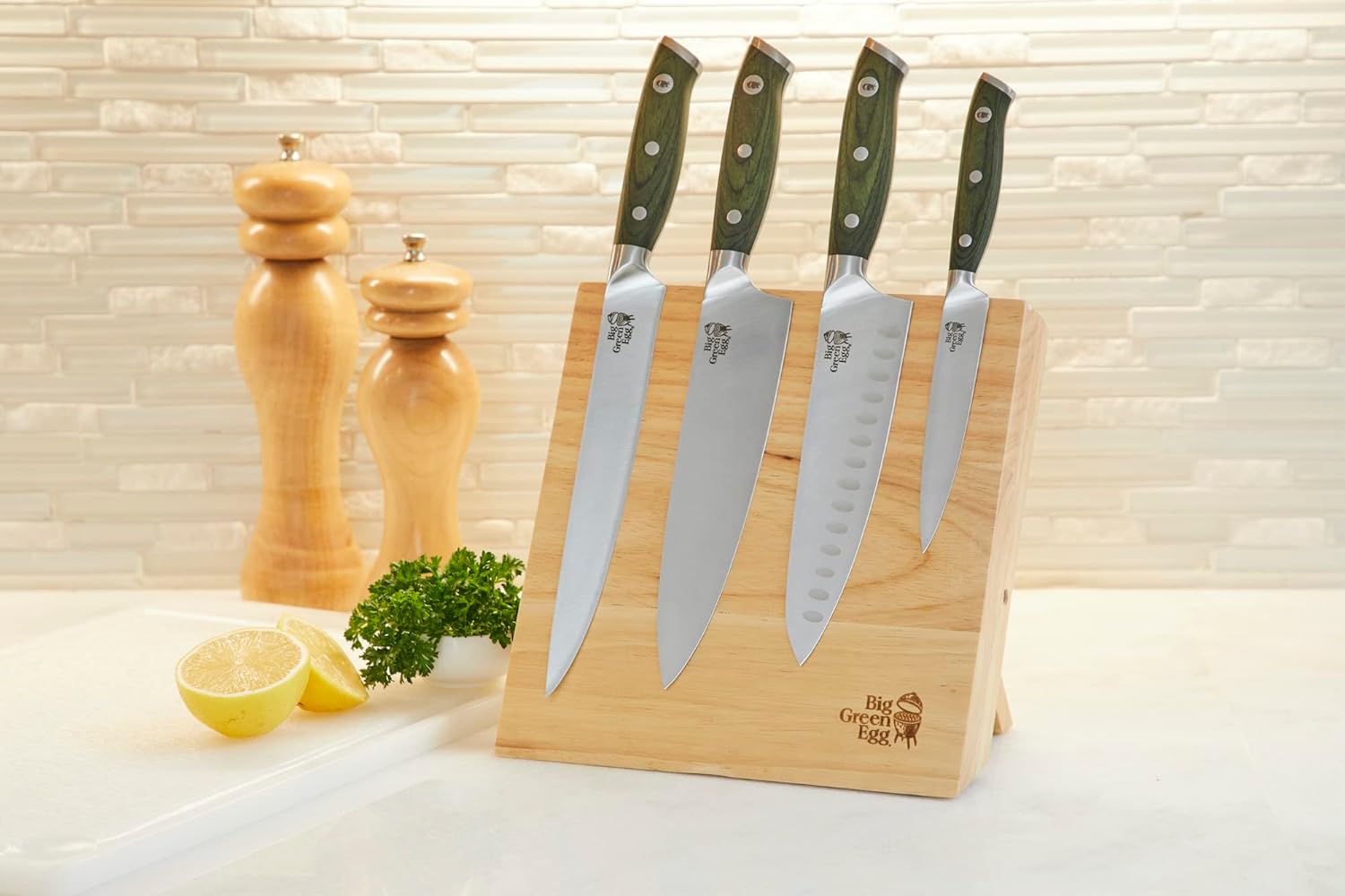 Big Green Egg Juego de cuchillos de chef culinario (4 piezas) con estuche, cuchillos de acero alemanes, cuchillo de chef de 8 pulgadas, cuchillo