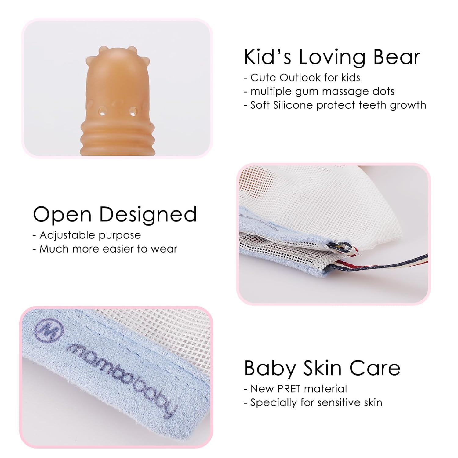 Tope de succión de pulgar para niños de 1 a 2 años de edad, protector de dedos de silicona para chupar el pulgar con malla transpirable, kit de