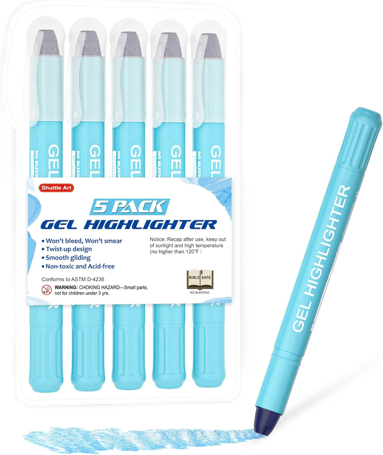 Shuttle Art Paquete de 5 resaltadores de gel azules, resaltadores de la Biblia, no se traspasan, suministros de diario bíblico, ideal para diario,