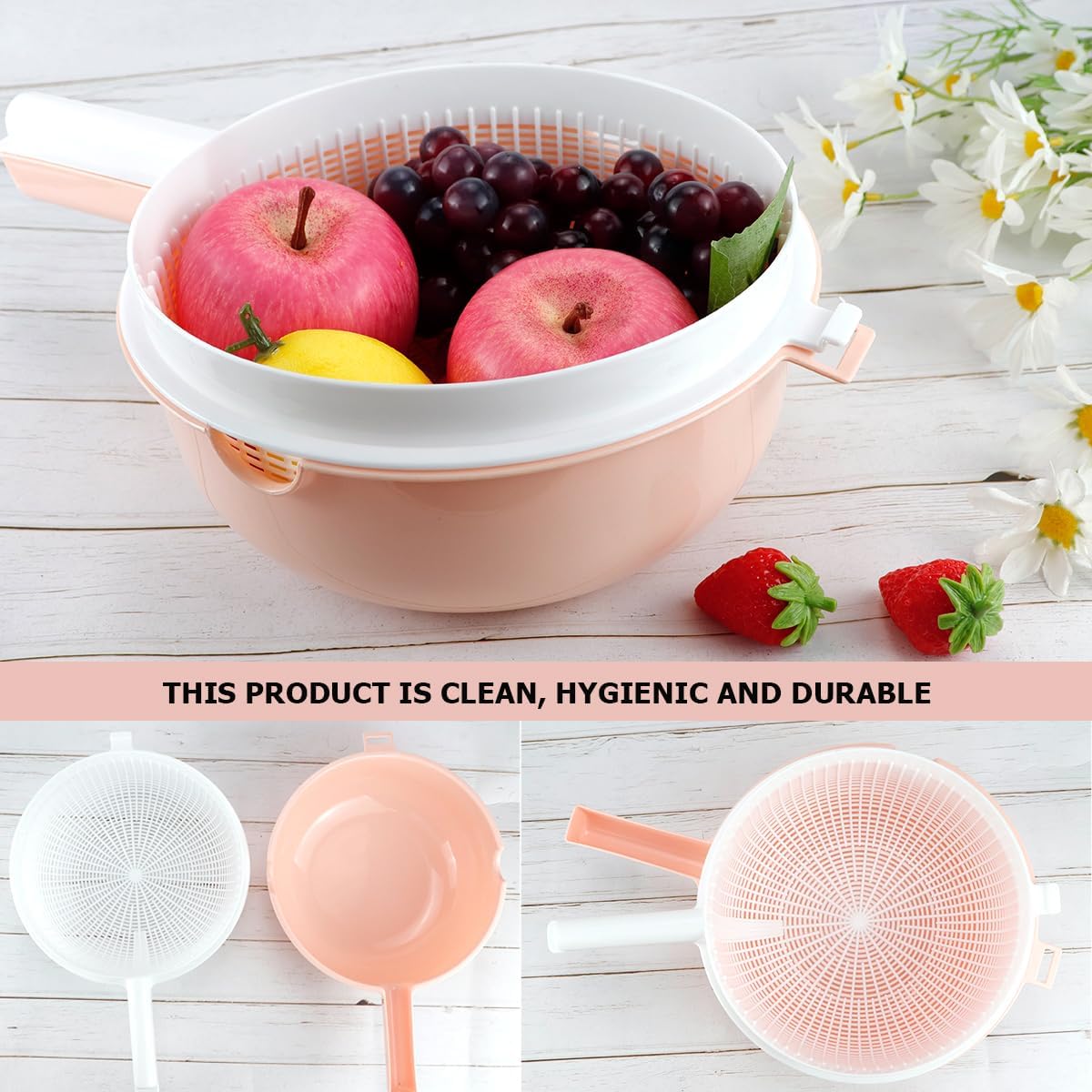 DOERDO – Cesta de drenaje de plástico con colador de lavado de doble capa con asa, coladores de lavado para frutas y verduras, naranja, 13.3 x 8.7