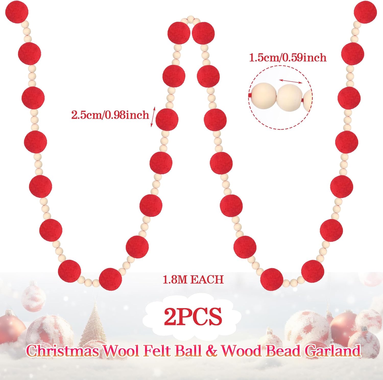 Guirnalda de bolas de fieltro de lana roja de Navidad de 144 pulgadas con cuentas de madera, guirnalda de pompones de fieltro, guirnalda de