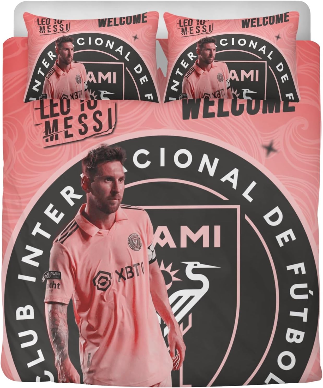 Miami – Juego de ropa de cama de fútbol, juego de funda de edredón de fútbol rosa, juego de ropa de cama de fútbol de microfibra suave, 3 piezas,